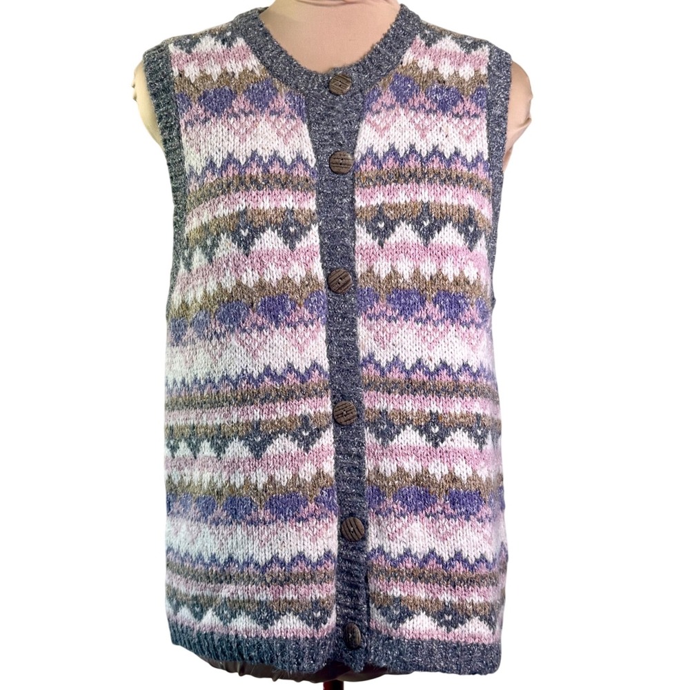 St. John's Bay Sweater Vest Pink Fair Isle Knit Cardigan Grandmacore Fall Medium
